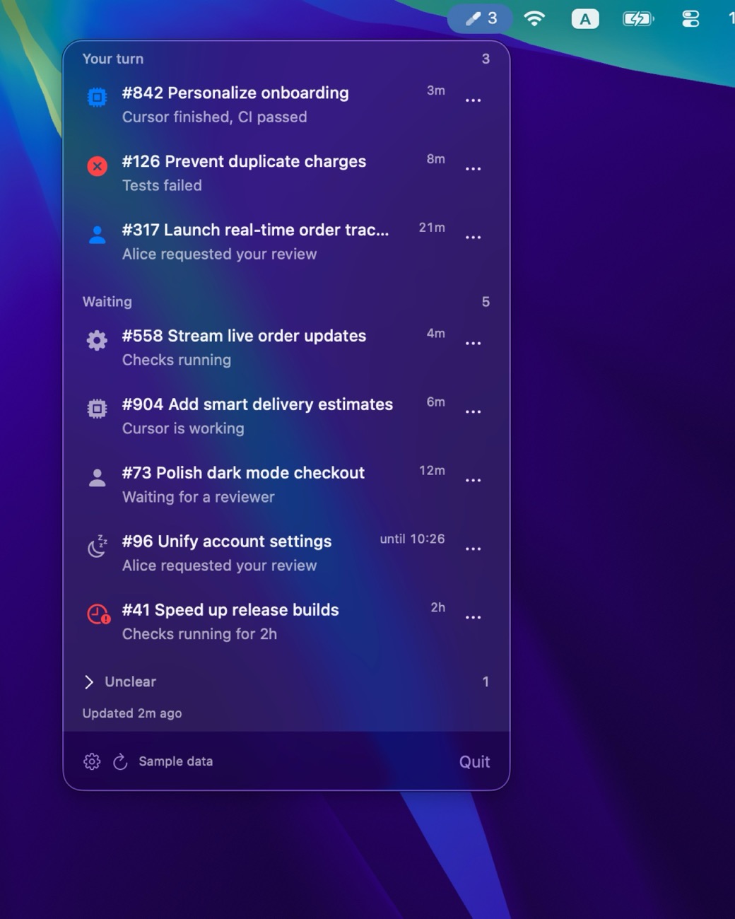 Human Turn groups pull requests into Your turn, Waiting, and Unclear in the Mac menu bar.